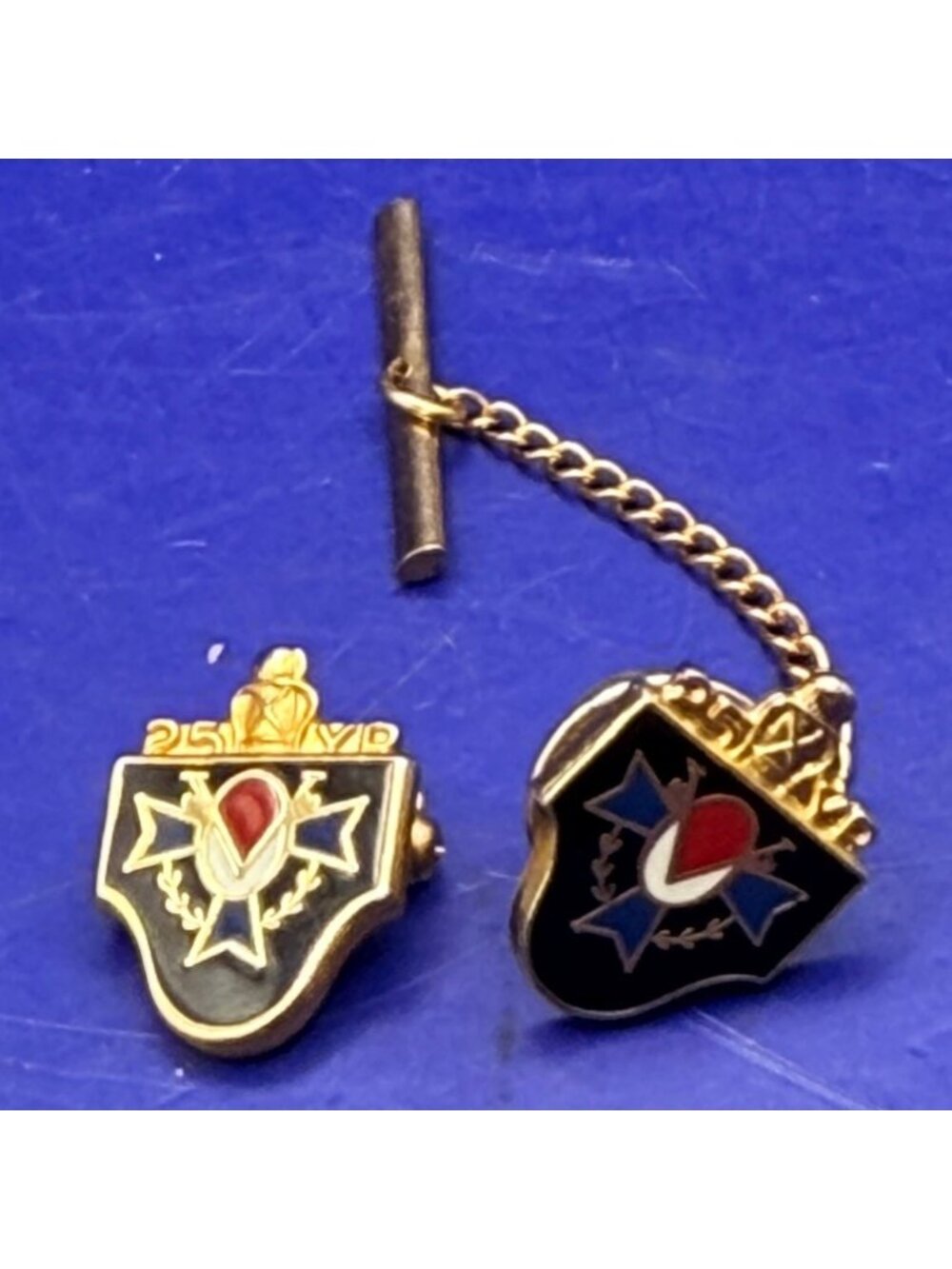 Vintage 25 Year Service Pin Tie Tack Set Gold Tone Blue Enamel Red Cross Shield